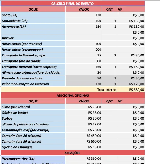 Prévia da tabela de precificação
